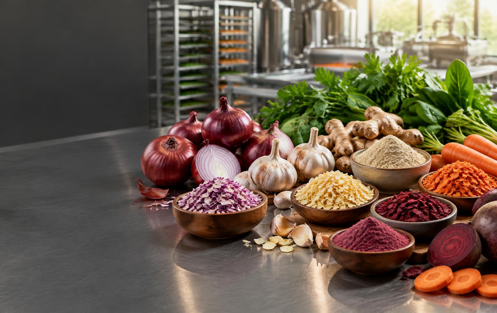 Fresh produce with dehydrated flakes and powders in a modern processing environment